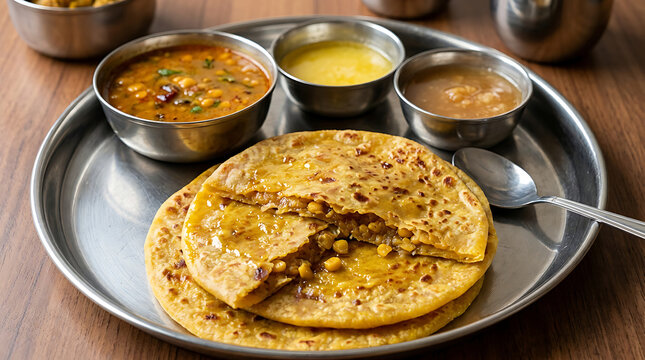 A high-angle shot of a steel thali featuring golden-brown stuffed parathas served with bowls of dal, yogurt, and curry on a rustic wooden table.