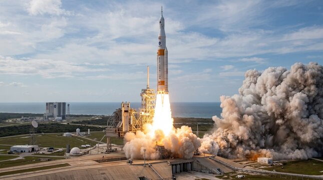 Rocket Launch with Fire and Smoke Space Exploration Technology Concept