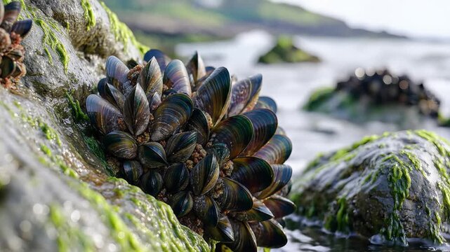 Close up of mussels clinging to a rock at the oceans edge.