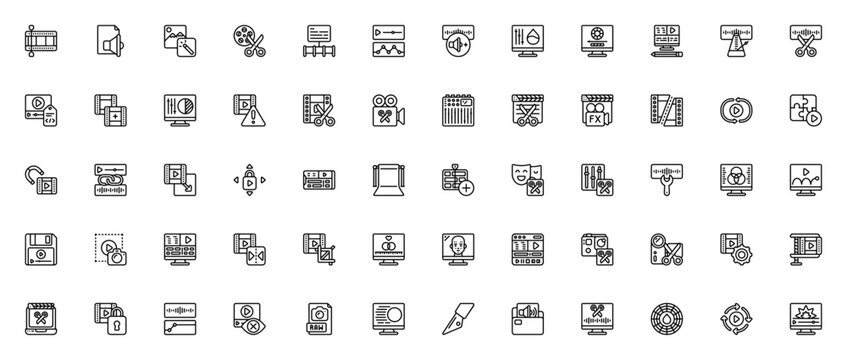 Video Editing icon set. Minimal linear vector icons pack. Includes symbols for timeline, crop, audio, footage, editing tools, color correction and more. Editable stroke.