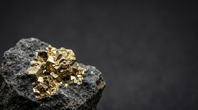 Close-up of golden pyrite mineral on a dark rock surface with shallow depth of field