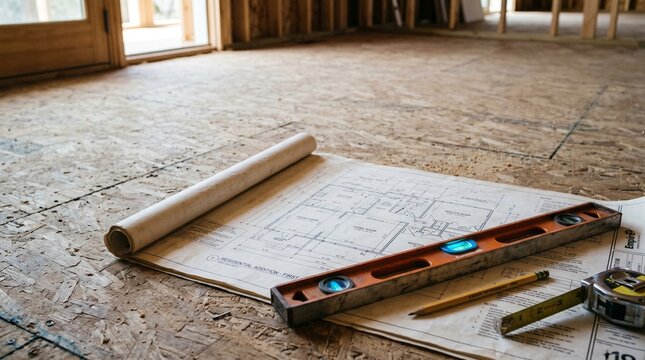 Detailed architectural blueprints and essential construction tools resting on a wooden subfloor, representing the strategic planning and active development of a new residential project
