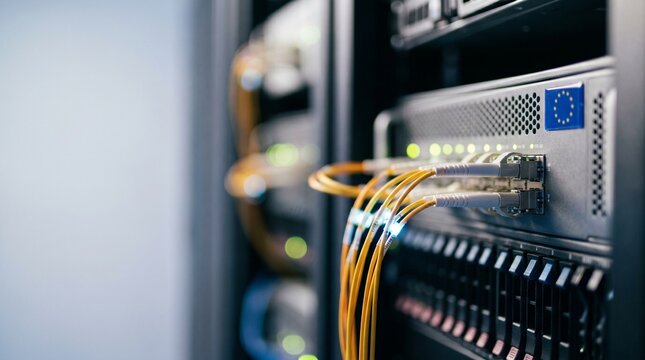 High-speed fiber optic cables connecting servers in a data center, showcasing essential network infrastructure for digital communication and advanced technology