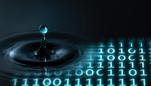 Digital water droplet binary code ripple data technology passage of time find balance moments of life as water droplet ripples