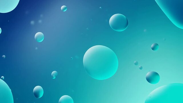 Smooth gradient background with floating spheres and bubbles, abstract turquoise liquid motion.