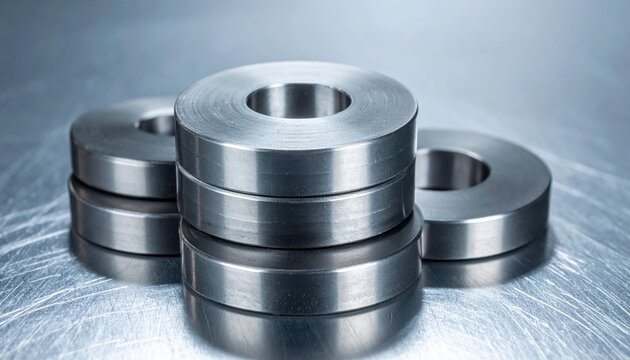 Metal steel washer spacer machining industry rare earths mining sustainability. Stacked steel washer and spacer parts workshop table
