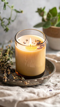 Candle flame glass wax herb lavender slow tech lifestyle with warm candle flame glass jar rustic tray with dried herb and soft home decor