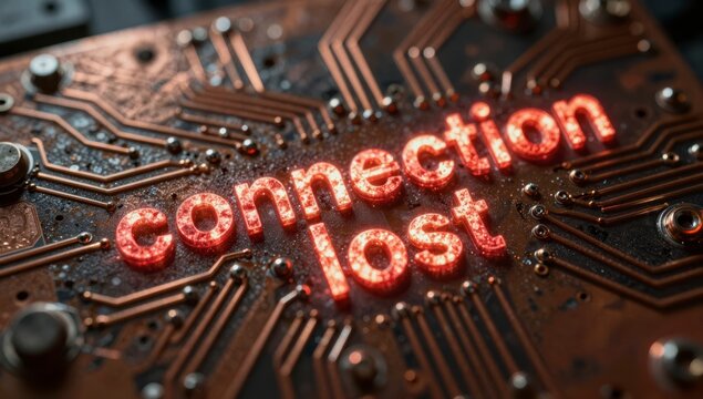 Glowing red connection lost text on dark electronic computer circuit board closeup showing digital network failure and hardware malfunction concept for technology maintenance and server error issues
