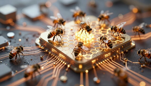 Honey bees working on a glowing futuristic microchip processor in a digital hive concept of technology