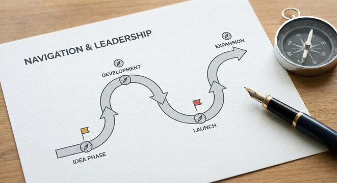 Strategic navigation leadership roadmap business planning growth concept on paper with compass and fountain pen on wooden desk