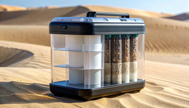 Water purifier desert water scarcity filtration technology portable sand dunes behind portable purifier showing filtration