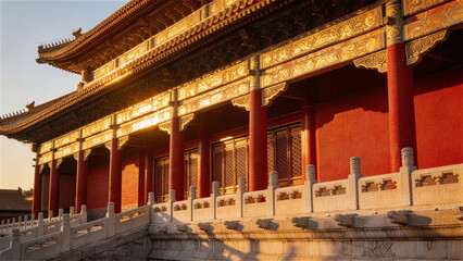 Obraz premium Forbidden City's Grandeur: A captivating portrayal of an architectural marvel. The majestic structure exudes timeless elegance, where the setting sun casts a warm glow, revealing intricate details.