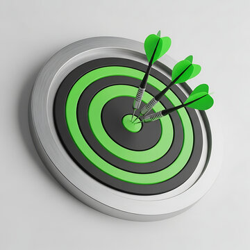 Green and black dartboard with three darts in the center dartboard bullseye precision accuracy competition gameplay activity recreation metallic objective challenge strategy marksmanship