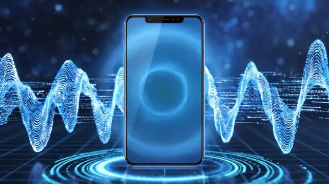 Futuristic 4K motion graphic of mobile phone transmitting digital data packets via wireless network signal pulses representing global connectivity and high-speed internet synchronization.