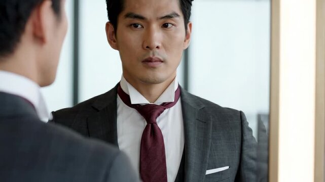 A man in a suit looks at himself in the mirror.