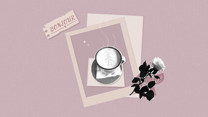 A cup of coffee with a latte design on a postcard next to a rose. Trendy halftone collage. Romantic morning mood  cozy breakfast concept  aesthetic flat lay composition for a greeting card © Наталья Косаревич