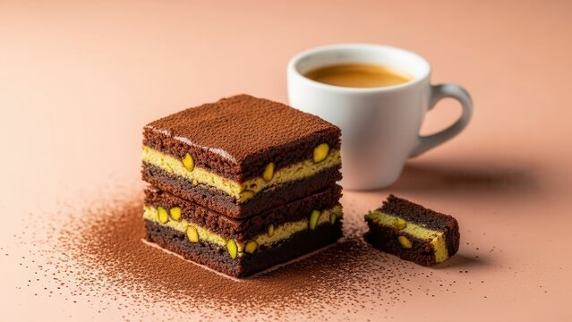 Delicious chocolate and pistachio layer brownies dusted with cocoa powder, served with a cup of espresso on a neutral background