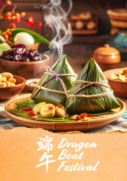 Dragon Boat Festival Poster showing a zongzi traditional food setup with warm lighting