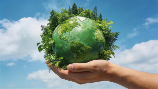 Earth in the Palm: A person's hand tenderly cradles a miniature Earth globe adorned with verdant trees, symbolizing environmental stewardship and global interconnectedness.
