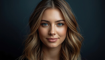 Fototapeta premium Young woman portrait blue eyes soft smile natural makeup wavy hair