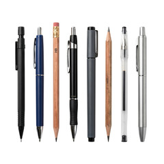 Assorted collection of pens and pencils in a row
