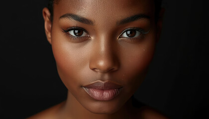 Fototapeta premium Young woman portrait closeup brown skin glossy lips warm glow confident gaze