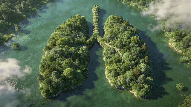 Lungs of the Earth: A visual metaphor of the Earth's lungs, shaped by lush green forests and serene water bodies, embodying the critical role of nature in maintaining ecological balance and clean air.
