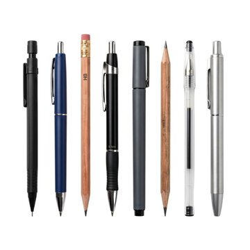 Assorted collection of pens and pencils in a row