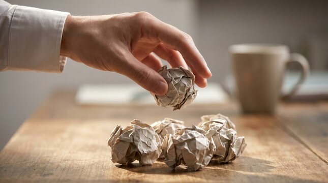 A hand picking up a crumpled paper ball on a wooden desk symbolizing a failed idea or brainstorming session