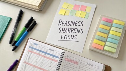 Fototapeta premium Concept of productivity and organization featuring sticky notes and planner on a clean workspace desk for motivation