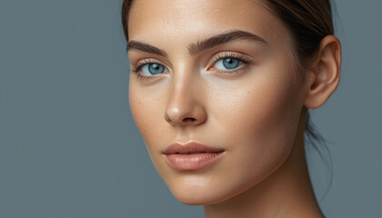 Fototapeta premium Young woman with clear blue eyes and natural makeup in neutral studio portrait