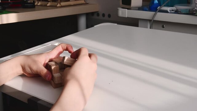 Hands assembling a wooden 3D brain teaser puzzle on a white desk in bright sunlight. Concept of logic, education, and problem solving