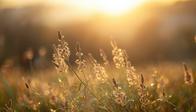 Golden meadow grass backlit by warm sunrise, soft glowing bokeh and gentle atmosphere