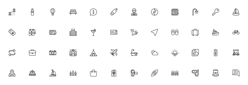 Tourism icon set. Travel vector collection. Includes symbols for destination, airplane, hotel, passport, camera, beach, adventure and more. Editable stroke.