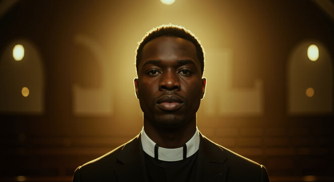 Backlit portrait of young Black priest in church. Serious clergyman looking at camera representing faith and spirituality