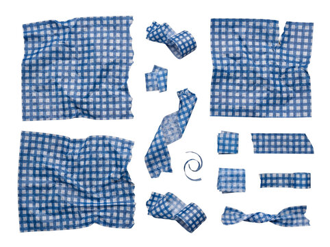 Dynamic collection of blue and white gingham pattern fabric pieces, crumpled and torn.