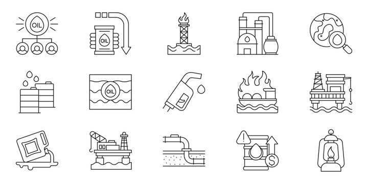 Set of oil and gas industry icons exploration, extraction, refining, and distribution to consumers