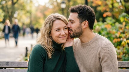 Obraz premium A man leans in and gently kisses the cheek of a woman sitting on a park bench. They are both smiling warmly at each other.