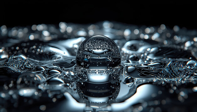 Metallic droplet reflecting rippled liquid surface with high fidelity shine and calm mood