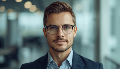 Fototapeta premium Young man with glasses and blazer smiling confidently in office environment