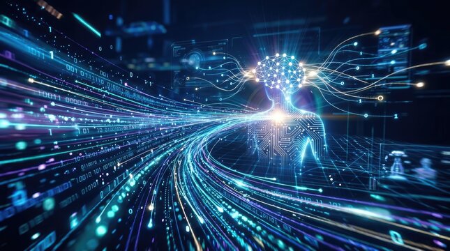 A vibrant digital image showcases a glowing, abstract humanoid figure emerging from a swirling vortex of binary code and data streams.