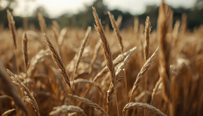 Fototapeta premium Golden wheat field closeup sunlight bokeh depth of field
