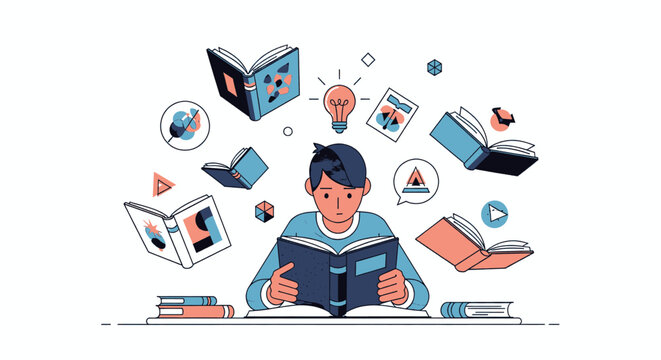 Young man immersed in reading surrounded by floating books and ideas.