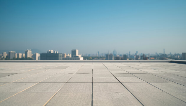 Sunlit rooftop tile terrace with distant city skyline and clear blue sky