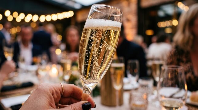 A hand holds a champagne flute filled with bubbly champagne. The glass is angled upwards, showcasing the effervescence of the drink.