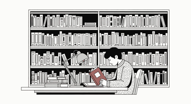 Young man engrossed in reading a book at a library desk.