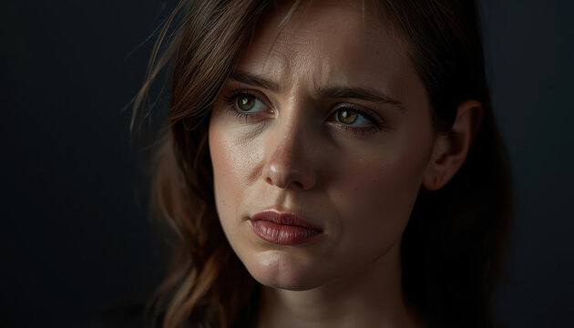 Young woman portrait calm reflective slightly fatigued expression