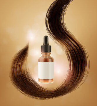 Serum vitamin  bottle mock-up with wavy hair, Hair care background concept, Clipping path, 3D rendering