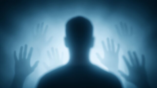 Back view of human figure with spectral hands reaching forward in dim blue light