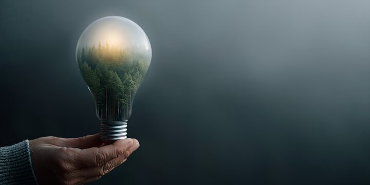 Person's hand grips glowing bulb containing miniature trees